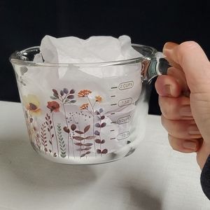 NEW Glass Measuring Cup BOHO Floral Woodsy Cottage Neutral Colors